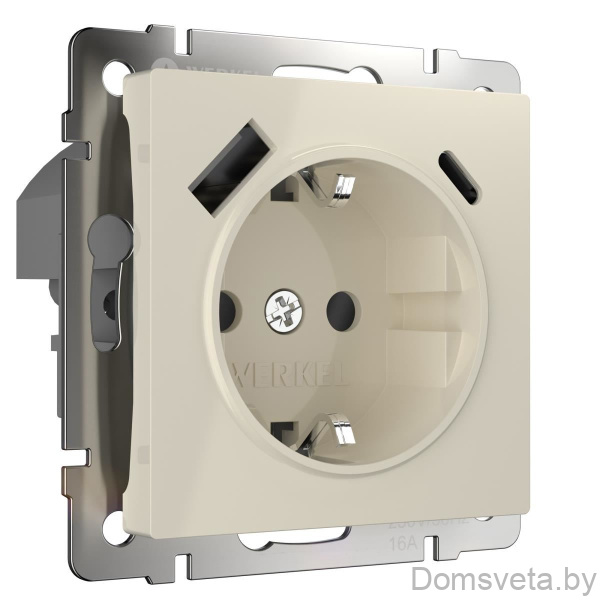 Werkel Розетка с заземлением, шторками и USB тип A+C (слоновая кость) / W1171703