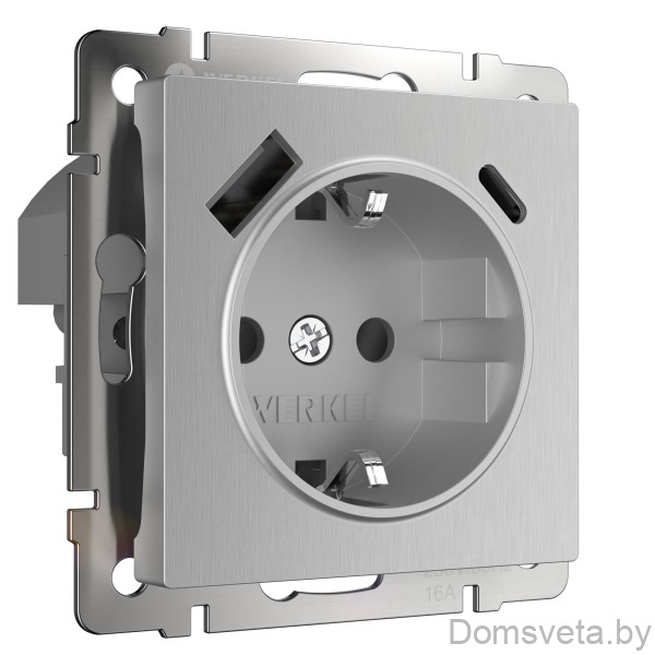 Werkel Розетка с заземлением, шторками и USB тип A+C (серебряный рифленый) / W1171709