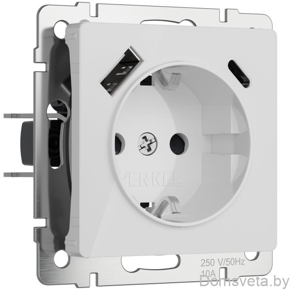 Werkel Розетка с заземлением, шторками и USB тип A+C (белый акрил) / W1171741