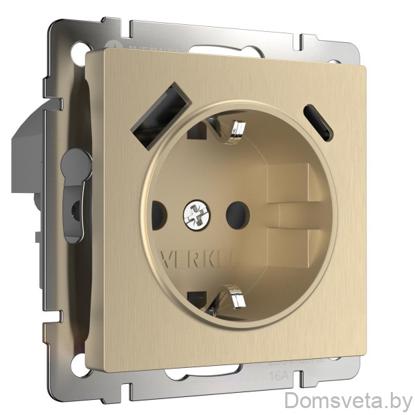 Werkel Розетка с заземлением, шторками и USB тип A+C (шампань рифленый ) / W1171710